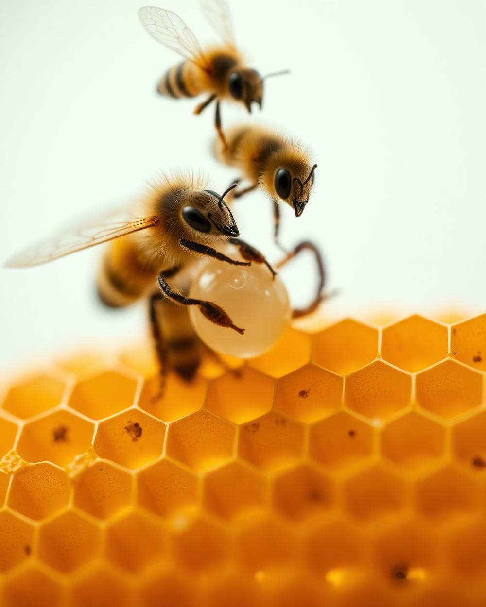 Nurse bees tending a queen cell filled with royal jelly